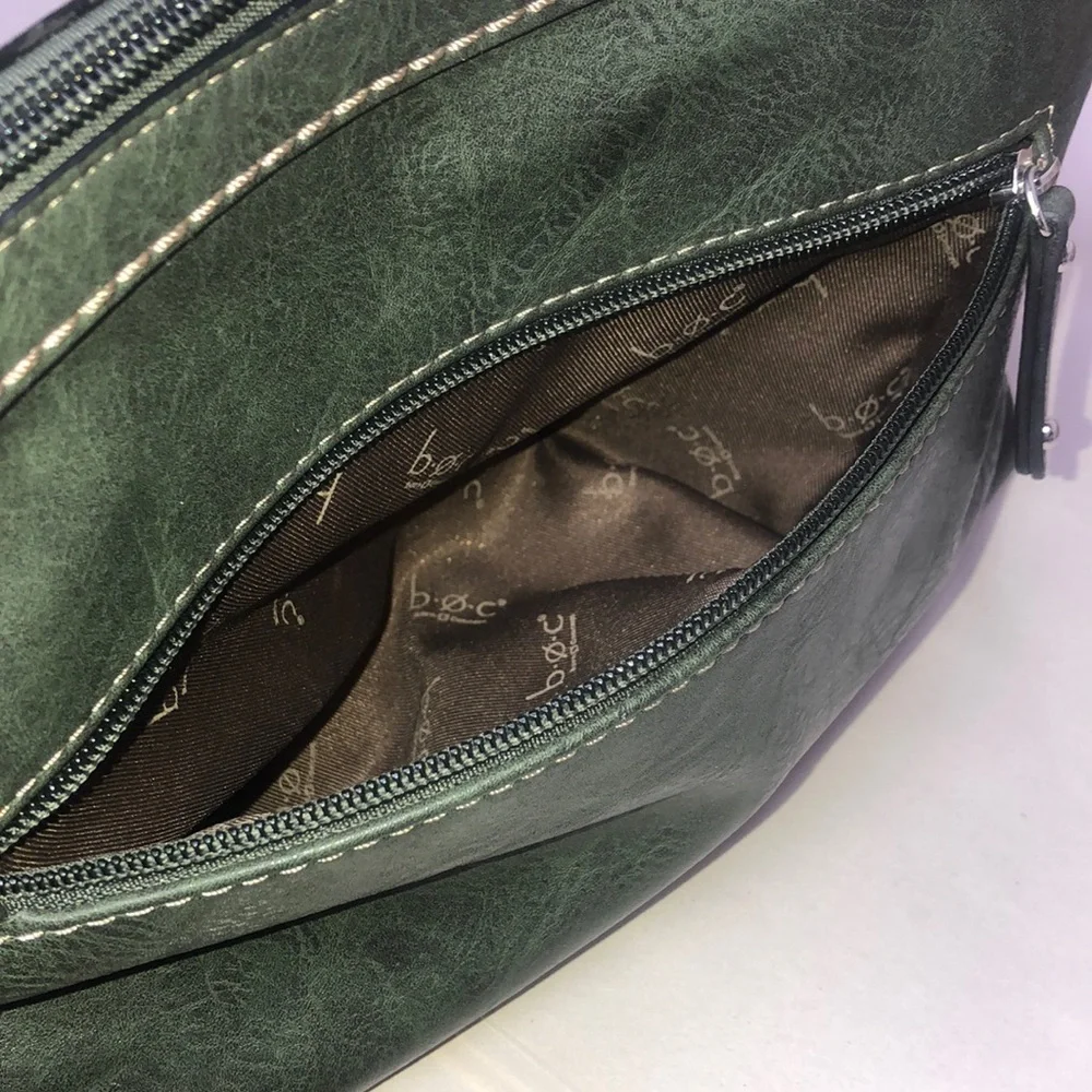 BOC Dark Olive Green Crossbody Adjustable Strap Silver Hardware Zipper Pockets